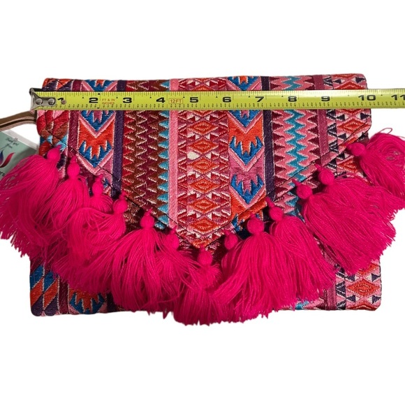 Ethnic Boho Large Clutch Suede Wristlet Bag Handmade Embroidery Tassels Indi NEW - Picture 10 of 16